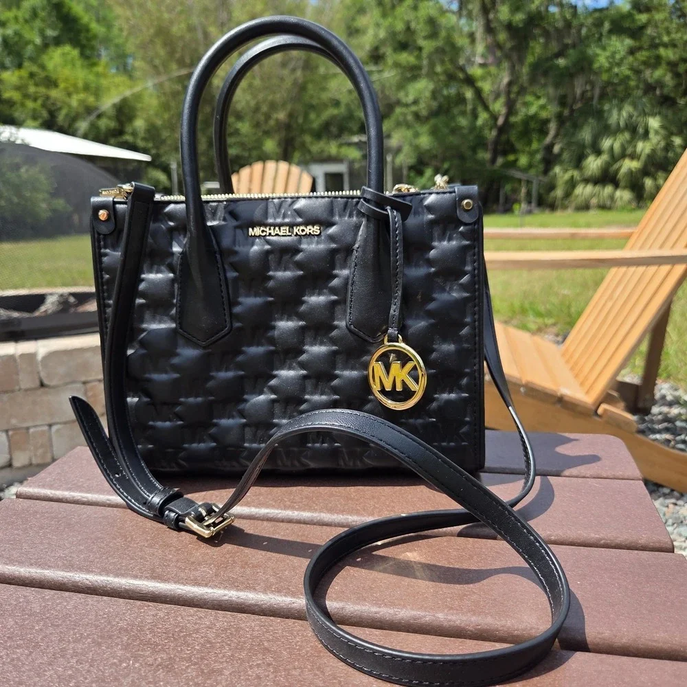 Michael Kors Black Embossed Leather Gold‎ Logo Handbag Purse Maple Satchel